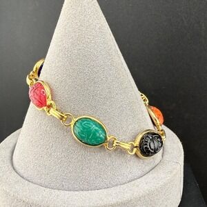 Vintage Scarab Coro Bracelet Egyptian Revival Gold Tone Carved Signed 7"